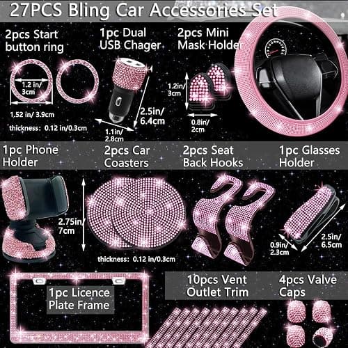 NBTEPEM 27-Piece Bling Car Accessories Set - Universal Fit Steering Wheel Covers, License Plate Frames, Phone Holder, Car Fast Charger, Coasters (Pink) thumbnail 2