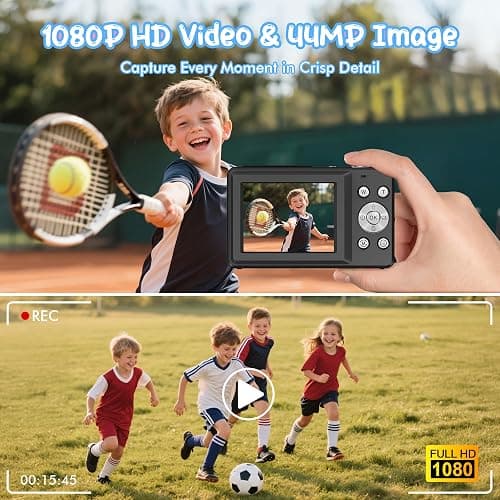 Digital Camera 1080P 44MP Vlogging Camera for Kids Teens, FHD Compact Portable Photo Camera with 2.4" Screen 16X Zoom, Anti-shake Mini Camera for Beginners Students Boys Girls-Black (No SD Card) thumbnail 2