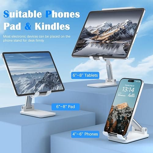 HZZADZXW Cell Phone Stand, Adjustable Angle and Height Cell Phone Holder for Desk, Foldable and Portable, Anti-Slip Silicone Pad, Compatible with All Mobile Phones and 4-8 Inch Devices, White thumbnail 2