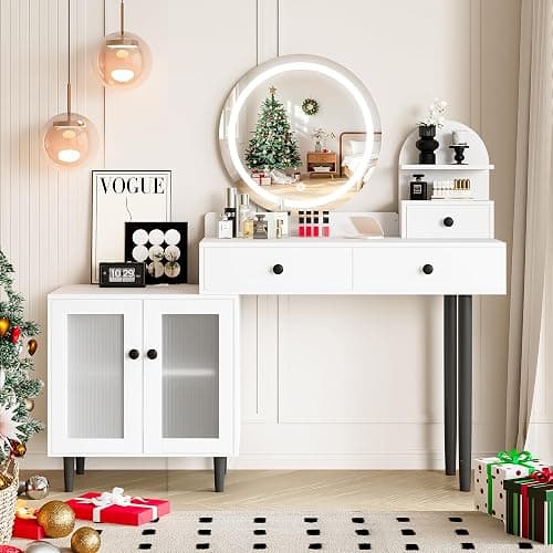 LIVELYGLOW Vanity Desk with Round LED Mirror, Modern Makeup Vanity with Power Outlet, LED Touch Screen 3 Lighting Modes, Adjustable Brightness, Acrylic Cabinet & 3 Drawers- White - Image 1