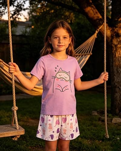 Funnycokid Girls Pajamas Kids Pjs Size 7-14 | Top Tank Shorts Cute Summer 3 Pieces Nightwear Set thumbnail 3