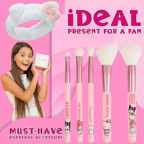 Hello Kitty Makeup Brush Set of 5 Kawaii Fluffy Makeup Headband Women Teens Girls Powder Brush Eyeshadow Brush Beauty Set Anime Cute Gifts thumbnail 3