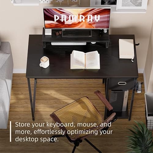 Pamray 39 Inch Computer Desk with Monitor Stand Small Home Office Desks with Non-Woven Storage Drawer for Bedroom Study Table Writing and Work Desk Black thumbnail 3