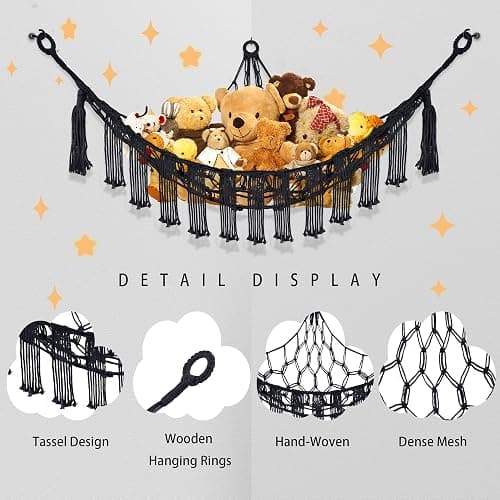 CERETIA Stuffed Animal Hammock with LED Light, Large Stuffed Animals Storage Corner Plushie Net for Kids Room Decor, Black thumbnail 6