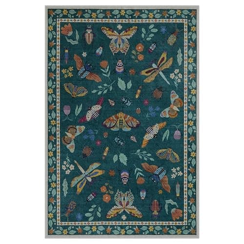 Lahome Insect Print Washable Rugs for Living Room, Soft Area Rug 6x9 Rug for Bedroom Ultra-Thin Dining Room Rug, Stain Resistant Large Carpet for Office Nursery Vionnet(6'x9',Dark Green) thumbnail 8