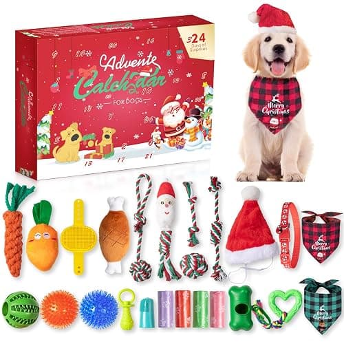 JXVICT Dog Advent Calendar 2025, 24 Days Dog Pet Toy Christmas Countdown Calendar with Chew Ropes Toys Squeaky Balls Teething Christmas Doys Toys for Xmas Small Large Dogs Puppy - Image 1