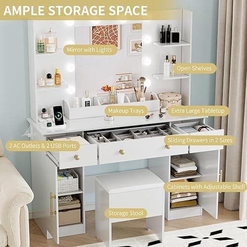 Xixini Vanity Desk with Mirror and Lights, 43'' White Makeup Dressing Table Set with 5 Drawers & Chair, Power Outlet, 3 Lighting Modes Adjustable Brightness & RGB LED for Women Girls Bedroom Bathroom thumbnail 5