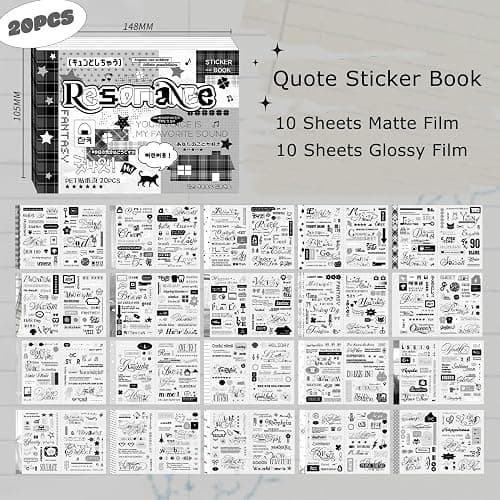 20 Sheets Black & White Sticker Book for Scrapbooking, Transparent English Phrase Stickers - Matte & Glossy Finishes, Aesthetic Word Quote Stickers for Scrapbook, Journal, Water Bottle, Card Making thumbnail 2