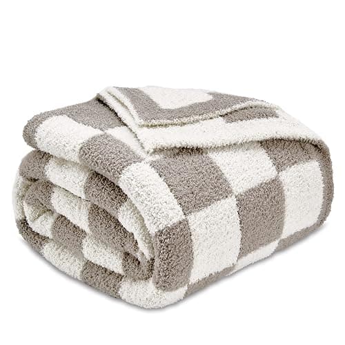 CozeCube Super Soft Fullfy Microfiber Reversible Knitted Blankets, Warm Cozy Fuzzy Plush Throw, Grey and White Checkered Throw Blanket for Couch Bed Sofa, 60" x 80" - Image 1