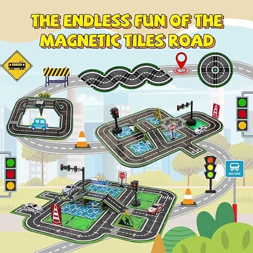 Magnetic Tiles Road Set with Pullback Car & Magnet Ship,Traffic Themed Magnetic Building Tiles Set with Traffic Light,STEM Magnet Tile for Kids Ages 3-5 4-8 5-7,Preschool Educational Kids Toys Gifts thumbnail 2