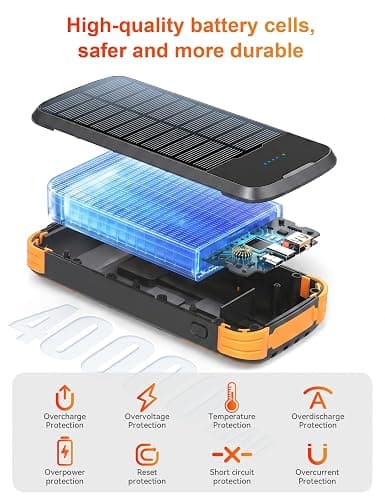 SOXONO Solar Power Bank 40000mAh PD20W Fast Charging Portable Solar Charger | Built-in 4 Cables, 3 Ports, Dual Bright Flashlight, External Battery Pack for Camping, Hiking, and Outdoor Use, Orange thumbnail 11