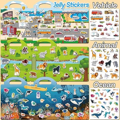 iGetooy 6 Sets Reusable Sticker Book for Toddlers 1-3, Jelly Sticker Books for Toddlers 2-4 Years, Toddler Travel Toys for Kids 2 3 4 Year Old Girls Boys thumbnail 5