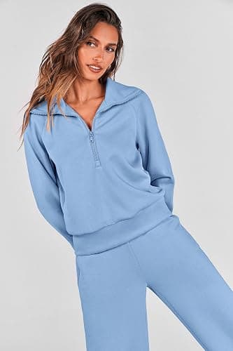 PRETTYGARDEN Women's 2 Piece Outfits Casual Lapel Half Zip Sweatshirts And Wide Leg Pants Tracksuit Sets thumbnail 6