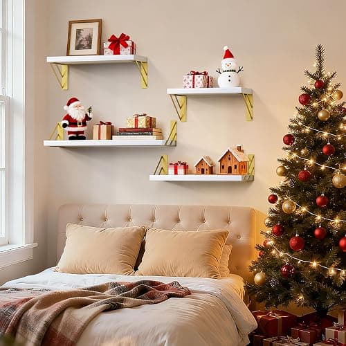 BAYKA Wall Shelves for Bedroom Decor, Floating Wall Shelves for Living Room Kitchen Storage, Wall Mounted Rustic Wood Shelves for Kids Books,Corner Shelves for Bathroom(White and Gold，Set of 3) thumbnail 9