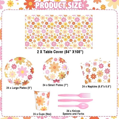 Groovy Party Supplies Daisy Groovy Tableware Set Serves 24 Include Boho Daisy Tablecloth Hippie Tableware Set for Boho Hippie Retro Birthday Baby Shower Party Decor thumbnail 3