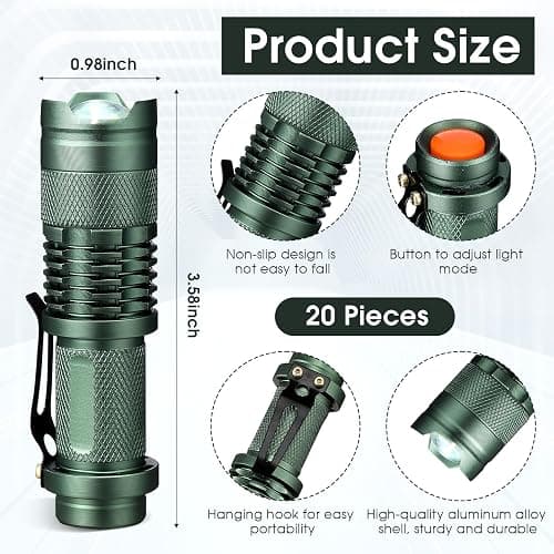 Fumete 20 Pieces LED Flashlight Mini 3 Mode Tactical Torch Small Water Resistant Pocket Flash Light Adjustable Focus Light Pen for Men, Father, Indoor Outdoor Hiking(Dark Green) thumbnail 2