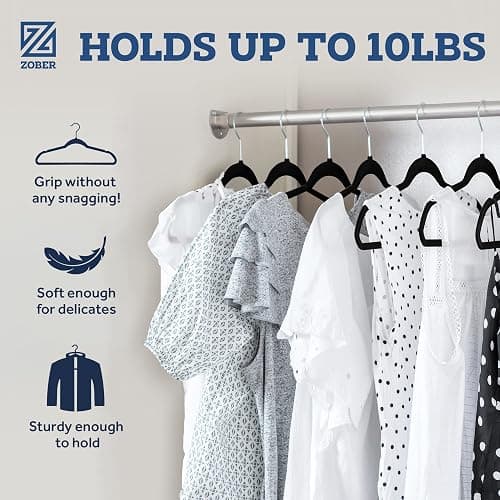 ZOBER Black Velvet Hangers 50 Pack - Clothes Hangers, Coat Hanger for Pants & Dress Clothes - Non Slip w/ 360 Degree Swivel, Holds up to 10 lbs - Strong Felt Hanger for Clothing thumbnail 4