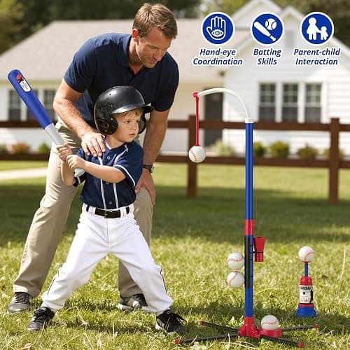 HYES 3-in-1 Baseball Set for Kids with Auto Pitching Machine | Tee Ball Stand, Hanging Tee, Ball Launcher and 6 Softballs - Adjustable Height, Indoor/Outdoor Sport Gifts for Boys Girls thumbnail 3