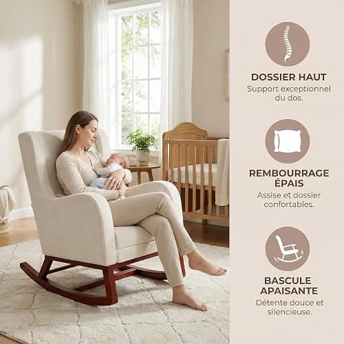 HYNHXBP Fauteuil à Bascule, avec accoudoirs et Poches latérales, Chaise d'allaitement Ergonomique avec Coussins, Structure en Bois Massif, Chaise Longue pour Salon ou Chambre (Beige + Velours Givré) thumbnail 5