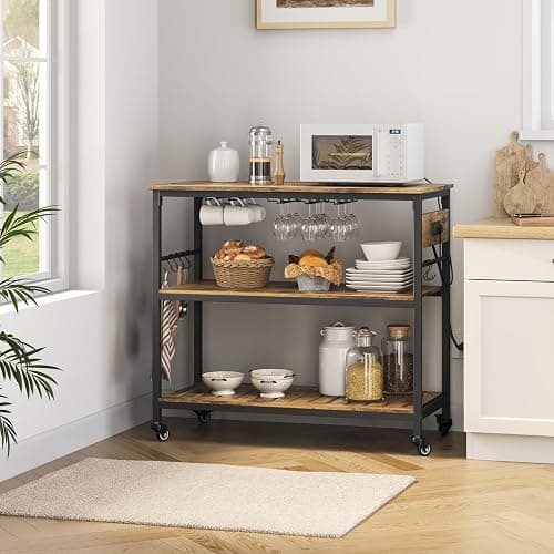 Yaheetech Kitchen Island Cart with Power Outlet, Kitchen Carts on Wheels with Storage, 3-Tier Microwave Stand with Foodpads, Glass and Mug Holders, 8 Hooks, Rustic Brown thumbnail 2