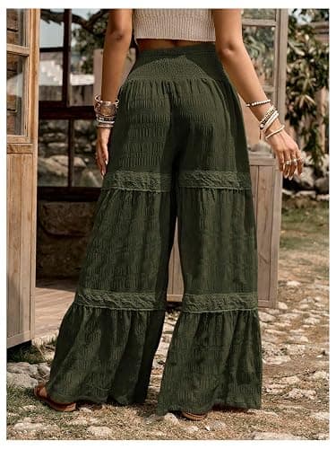WDIRARA Women's Smocked Wide Leg Boho Pants | Tiered, Textured, High Waisted, Bohemia thumbnail 2