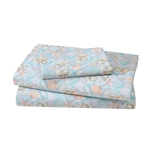Coastal Print 3 Piece Twin Microfiber Sheet Set, Coco Pastel | Coastal/tropical theme polyester microfiber set with 12" deep pocket fitted elastic sheet - Image 1