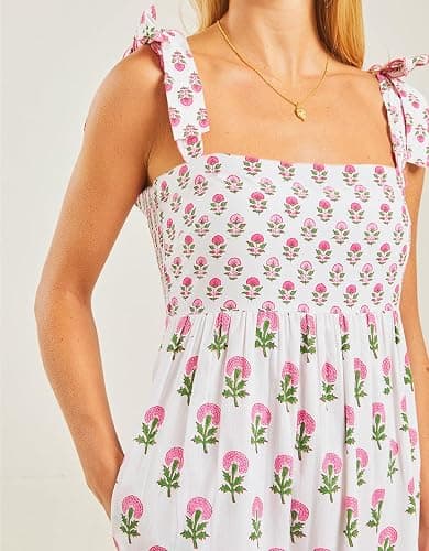 Summer Dress for Women Boho Tie Shoulder Floral Smocked Flowy Long Dress Ruffle Beach Vocation Maxi Sundress - Tie Colorful - Medium thumbnail 3