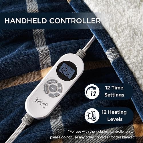 Woolrich Plush Sherpa Electric Blanket 50x60 Plaid Navy Cozy Layer | Adjustable heat settings, Auto shutoff for overnight use, Warm reverse side, Machine washable easy care, OEKO-TEX certified thumbnail 4