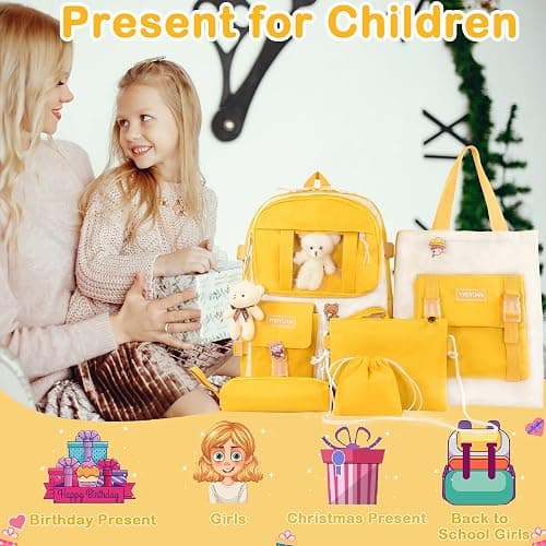 Lifelix Kawaii Backpack for Girls 5 Pcs School Bookbag Cuet Kids Schoolbag with Accessories Crossbody Bags Pencil Case Handbag Coin Purse (Yellow) thumbnail 4