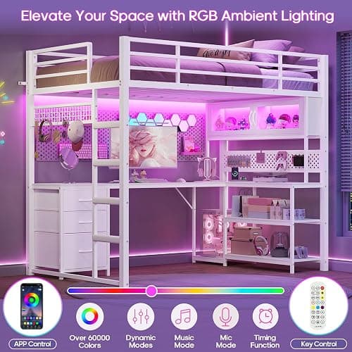 ADORNEVE Loft Bed Twin Size with L-Shaped Desk, Storage Drawers & RGB Arcylic Hutch, Expanded Safety Power Outlet, Metal LED Loft Bed Frame with Wide Ladder, for Teen Girls, White thumbnail 6