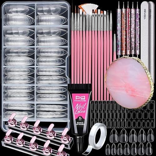 FANDAMEI Nail Art Kit, Nail Design Tools kit with Nail Brushes, Dotting tool, Mixing Palette, Nail Stand. Fake Nail Kits with Almond Gel Nail Tips, Nail Glue, Adhesive Tabs, Nail File. Manicure Set - Image 1