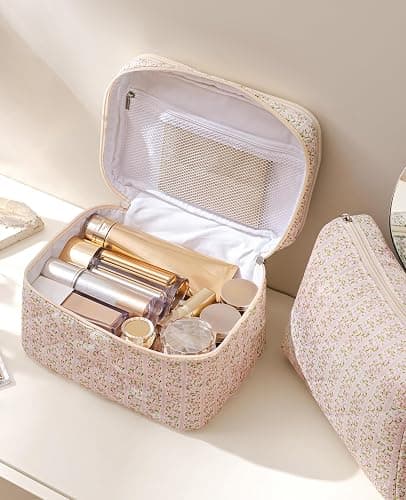 HBselect 2Pcs Travel Makeup Bag, Large Cotton Quilted Makeup Bag Cosmetic Bag Cute Make up Bag Toiletry Bags for Women Girls thumbnail 2