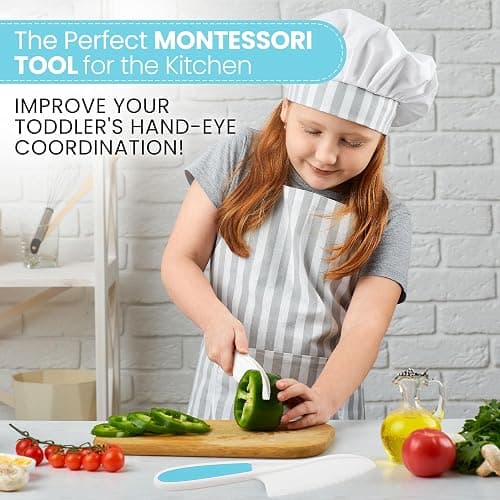 Zulay 3-Piece Kids Knife Set for Real Cooking & Baking - Toddler Knives for Cutting Fruits, Veggies, & Cake - Children’s Montessori Knife with Serrated Edges - Safe & Fun Lettuce Knife (Blue) thumbnail 5