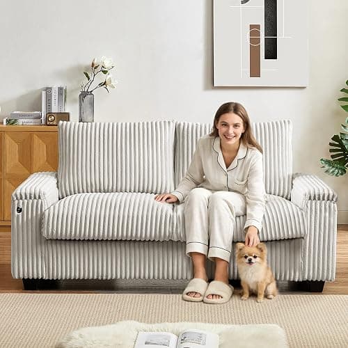 Sheng & Far 71" Loveseat Sofa with Storage Armrests & USB Charging Station | Storage Side Pockets, Sturdy Construction, Corduroy Fabric, White, for Living Room, Bedroom, Office, Apartment thumbnail 8
