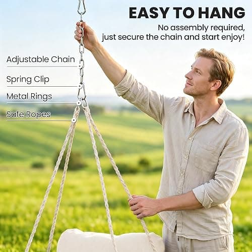 Outsunny Hammock Swing Chair w/Large Cushion Cotton Rope Chain Cream White | Outdoor Hanging Chair, Weaving Macrame Swing, 265 LBS Capacity, for Indoor Outdoor Bedroom Patio Balcony thumbnail 6