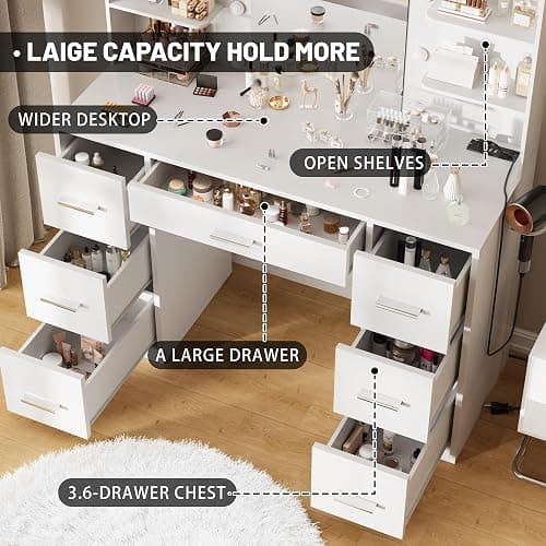 Furmax Vanity Desk with Mirror, LED Lights and Power Outlet Makeup Vanity Table with 7 Drawers and 6 Storage Shelves Dressing Table for Bedroom Dressing Room (White) thumbnail 6