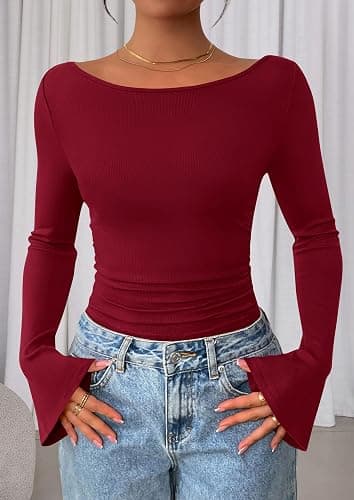PRETTYGARDEN Womens Bell Long Sleeve Ribbed Knit Tops | Trendy Boat Neck Y2K Cropped Going Out Tops, Ruched Slim Fit Cute Garment Friendly Shirts, Fall Outfits, Fashion Clothing thumbnail 8