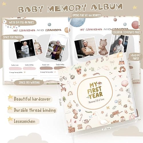 Hyggartn Baby Memory Book – My First Year Journal with Stickers (84 Pages) Gender-Neutral Keepsake for Boys & Girls Thoughtful Gift for New Parents - Cute little pattern thumbnail 4