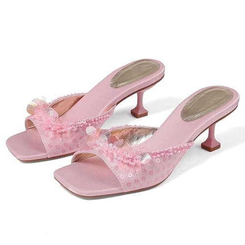Mattiventon Sequin Kitten Heels for Womens | Sequin Heels 2.13 Inch Open Square Toe Slip on Trendy Pumps for Party Wedding Work Daily Wear thumbnail 4