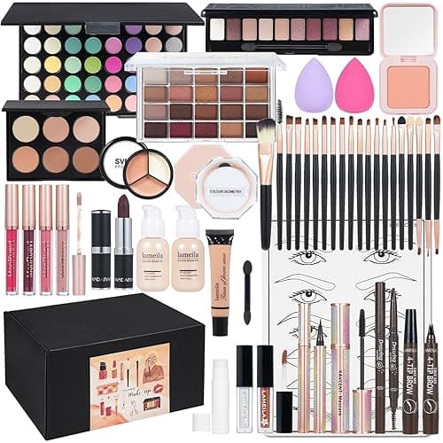 All in One Makeup Kit Makeup Kit for Women Full Kit Multipurpose Makeup ，eyeshadow、 liquid foundation,Loose powder,Eyebrow pencil,4-color lip gloss set - Black