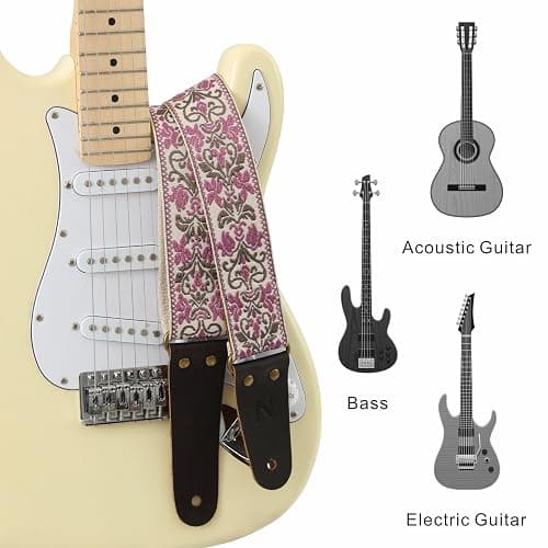 Nefelibata Guitar Strap 2" Embroidery, Full Grain Leather Ends with Hidden Pocket, for Bass, Electric and Acoustic Guitars thumbnail 5