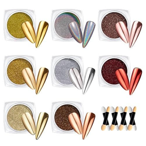 Beetles Gold Chrome Nail Powder Set - 8 Colors Sliver Holographic Mirror Effect Iridescent Golden Red Brown Glitter Metallic Nail Polish Chrome for Nail Art Design - Image 1