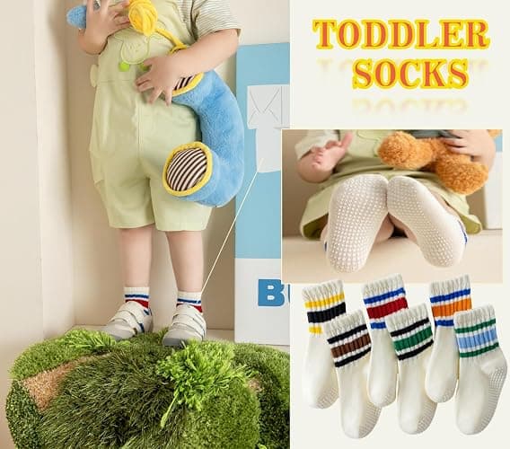 Wamvp Toddler Grip Socks with Non-Slip, Unisex Baby Retro Stripe Seamless Crew Ankle Cotton Socks for Girls Boys 6 Pairs thumbnail 3