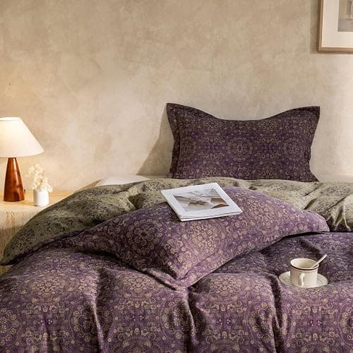 mixinni Purple Green Floral Duvet Cover King Size, Elegant Double-Layer Yarn Premium Cotton Vintage Duvet Cover Set, Exquisite Jacquard Design Bedding Set with 2 Pillowcases Perfect for Him and Her thumbnail 3