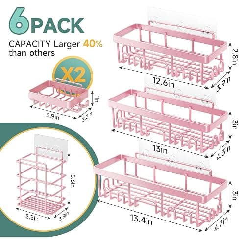 Veken Large Capacity Shower Caddy 6-Pack, No Drilling & Rustproof, Adhesive Shower Shelves with Soap Holder, Bathroom Organizers and Storage, Wall-Mounted Kitchen & Home Decor, Pink thumbnail 2