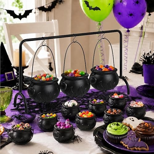 Halloween Cauldron Table Decor, Set of 12 Large and Mini Black Plastic Hanging Cauldron Bowls with Iron Rack, Witches Cauldron Candy Serving Bowl for Party Home Kitchen Hocus Pocus Indoor Decorations thumbnail 4