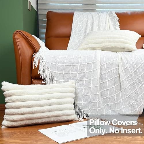 12x20 Throw Pillow Covers Set of 2, Decorative Faux Fur Covers for Bed, Couch Soft Fluffy Pillow Cover with Velvet Back for Living Room, Neutral Home Décor Accent for Sofa - Cream White thumbnail 2