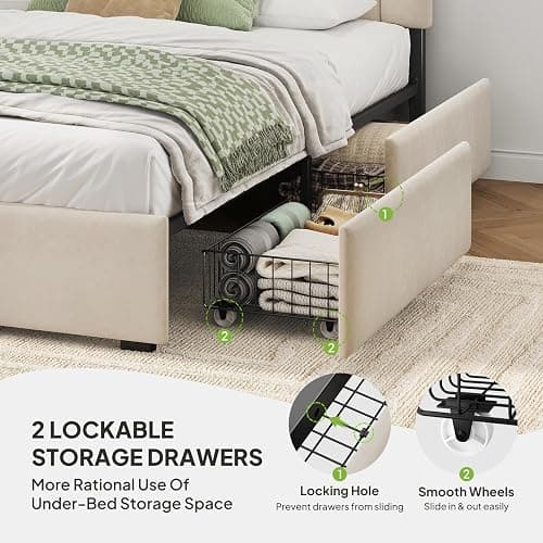 Welzona Queen Bed Frame with Storage and Headboard, Velvet Upholstered Metal Platform Corner Bed with Vertical Tufted Headboard, 2 Storage Drawers, 3-Height Level, Noise Free, Easy Assembly, White thumbnail 4