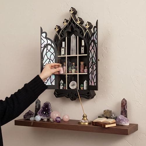 Gothic Crystal Display Shelf, Goth Wall Decor Witchy Spiritual Home Decor | Display Shelf for Gemstones, Essential Oils & Trinkets, Wooden Church Window Shelf for Bedroom Living Room, Witchy Gifts thumbnail 5