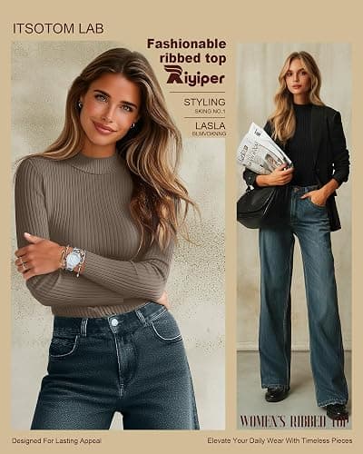 Riyiper 3 Pack Women's Ribbed Shirts, Mock Turtleneck Long Sleeve Tops Slim Fitted Undershirts Casual Basic Layering Tees thumbnail 5